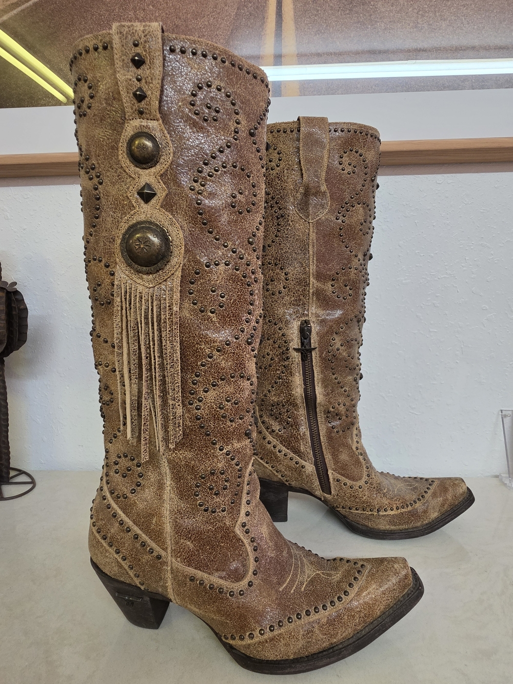 Lane Conchita Boots Size 8 Tan Studded Concho Fringe Western Cowboy